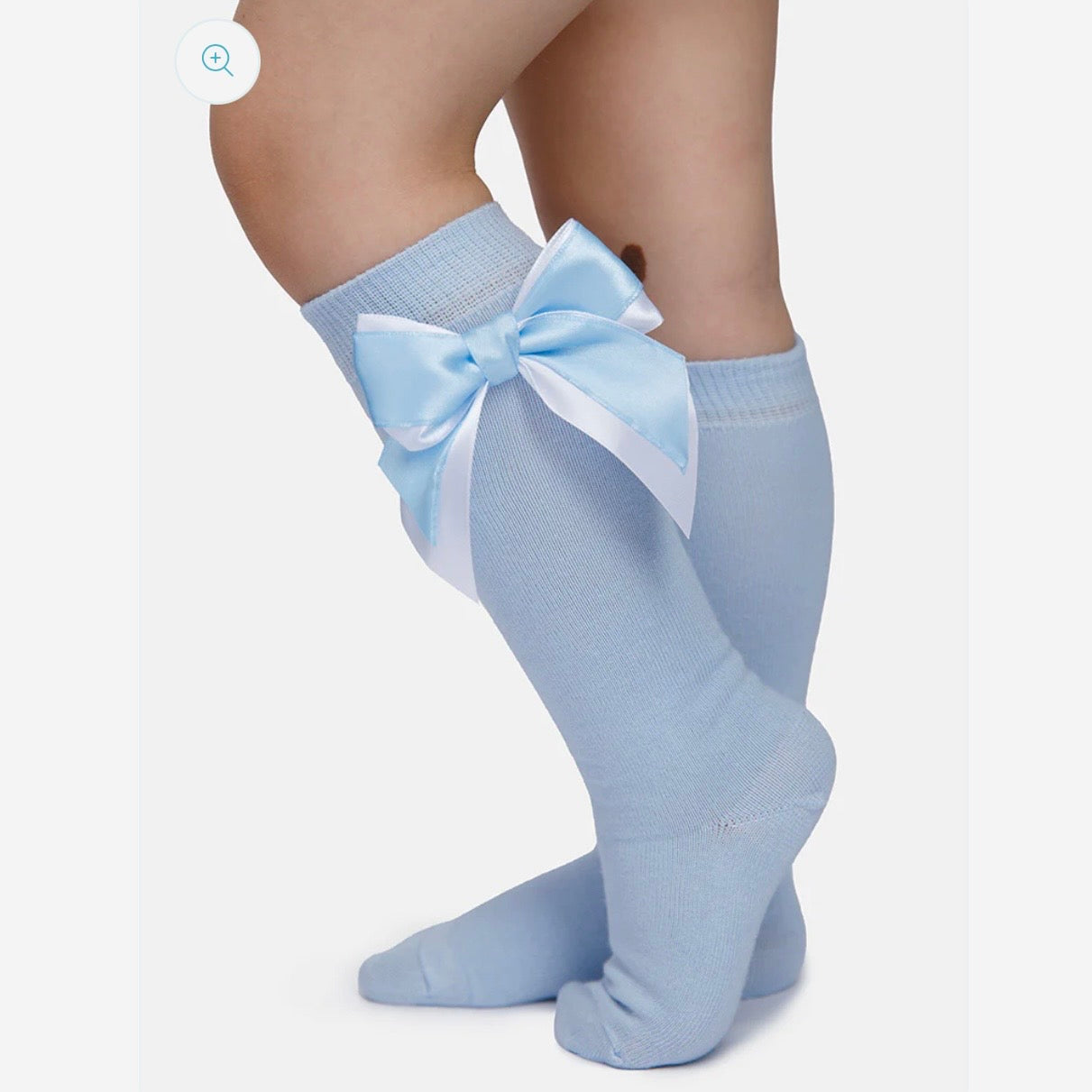 Baby Girl Knee Socks with Satin Double Bow - Baby Blue & White