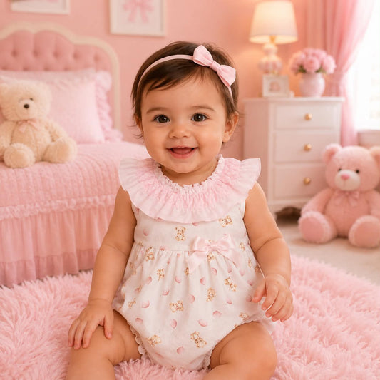 Girls Pink Teddy Print Romper