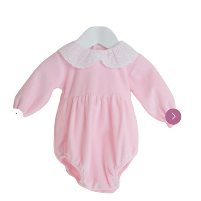 The softest pastel pink velour romper