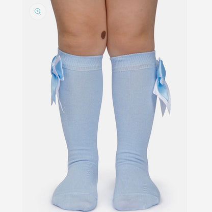 Baby Girl Knee Socks with Satin Double Bow - Baby Blue & White