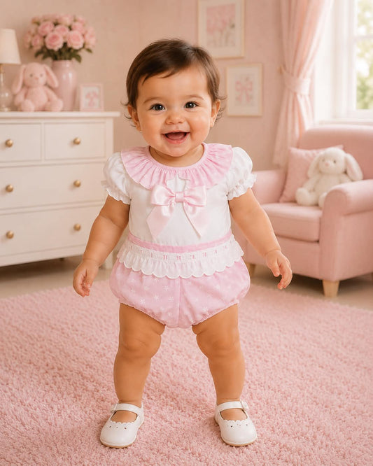 Pink Cotton Lace Shirt with Shorts