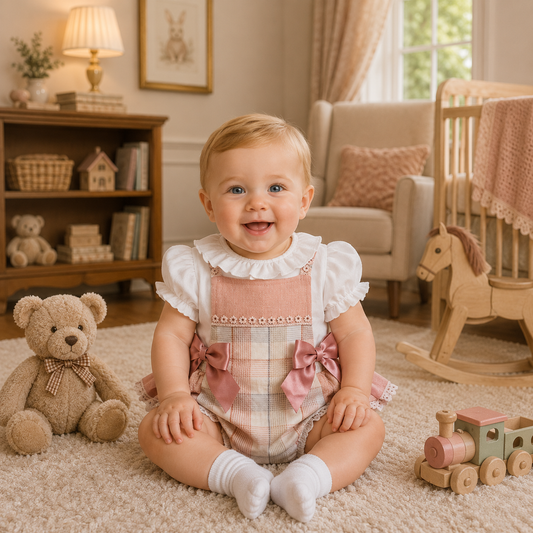 Dust pink checked Frill bottom Romper set