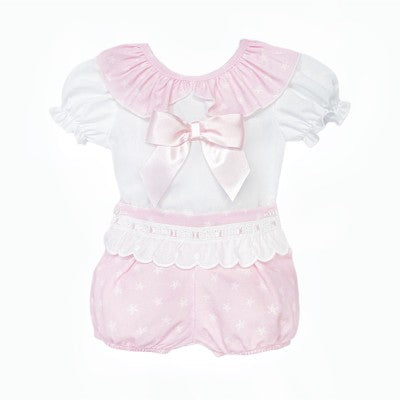 Pink Cotton Lace Shirt with Shorts