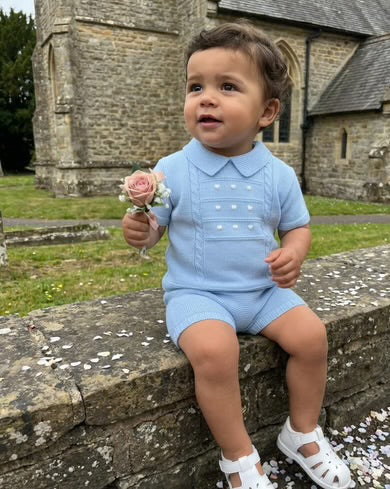 Gorgeous fine gauge pastel blue knit set